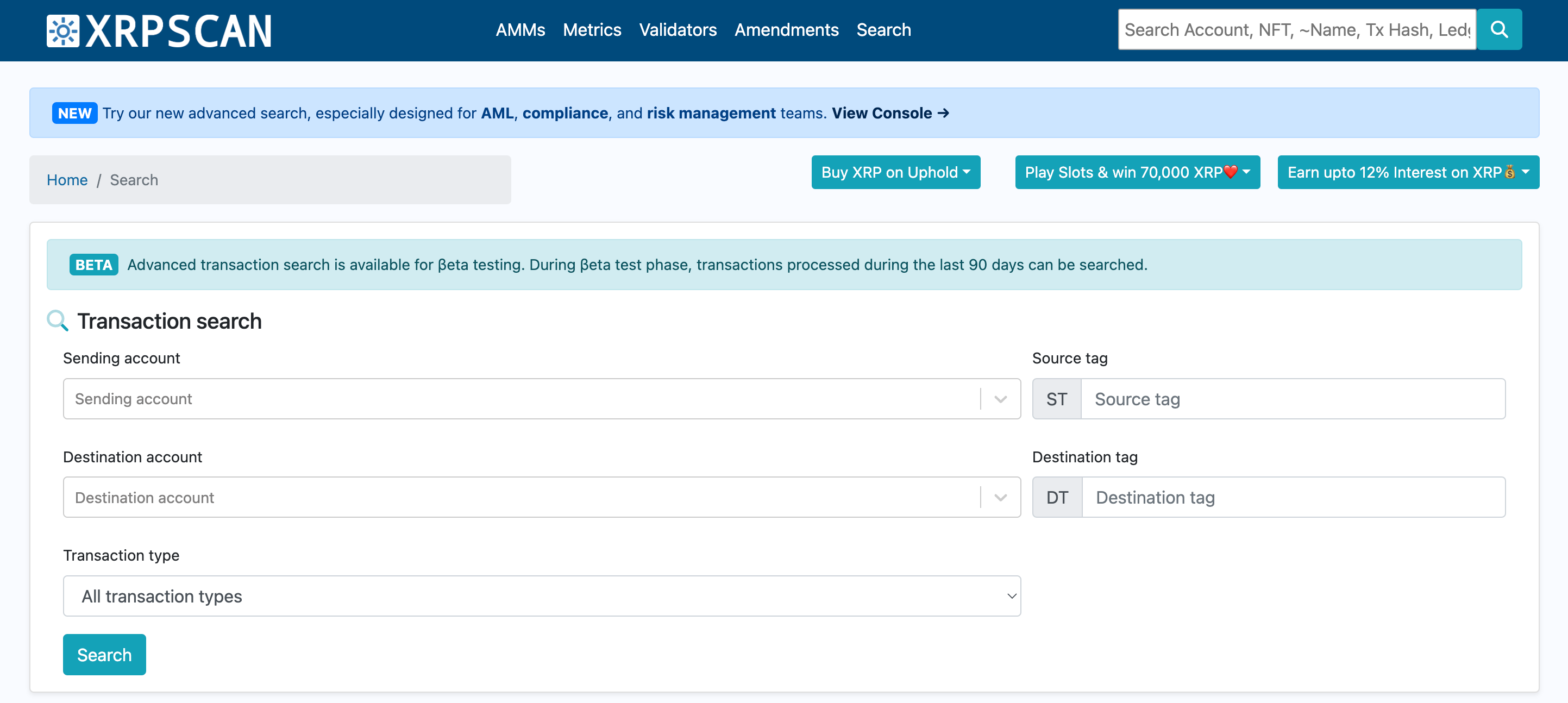 A screenshot of transaction search on XRPScan